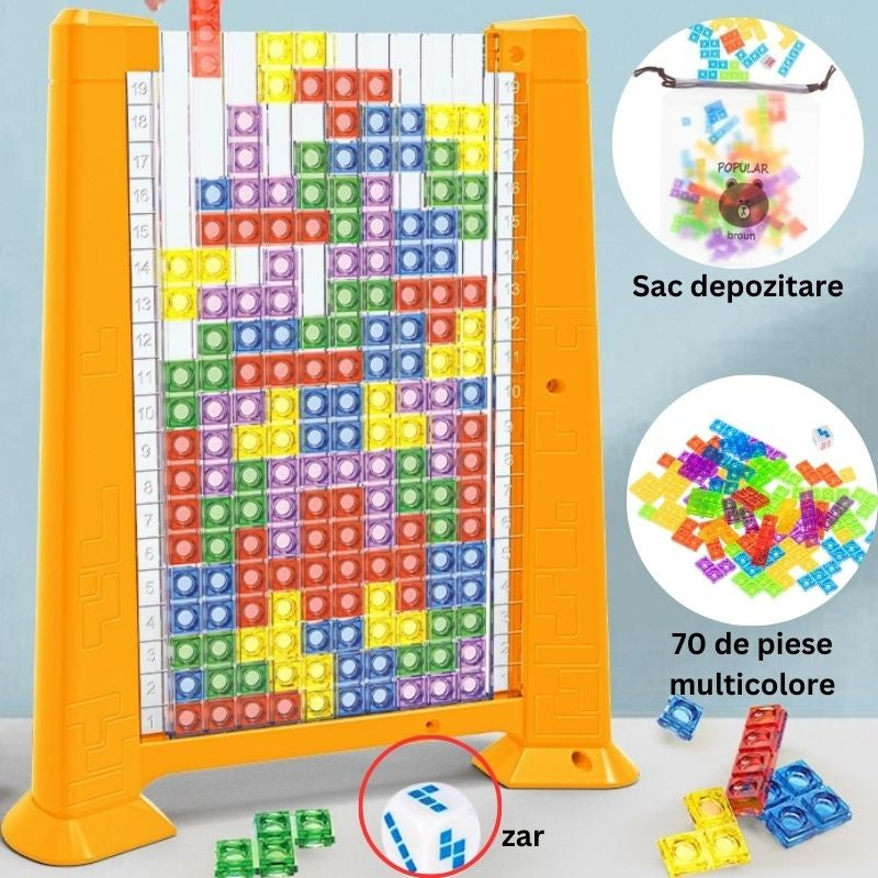 Joc de inteligenta Tetris puzzle tangram Flippy, 70 de piese multicolore, 3D, montessori, interactiv, din plastic, zar inclus, sac depozitare piese, varsta peste 6 ani, 23 x 19.8 x 5 cm, cadru galben-2