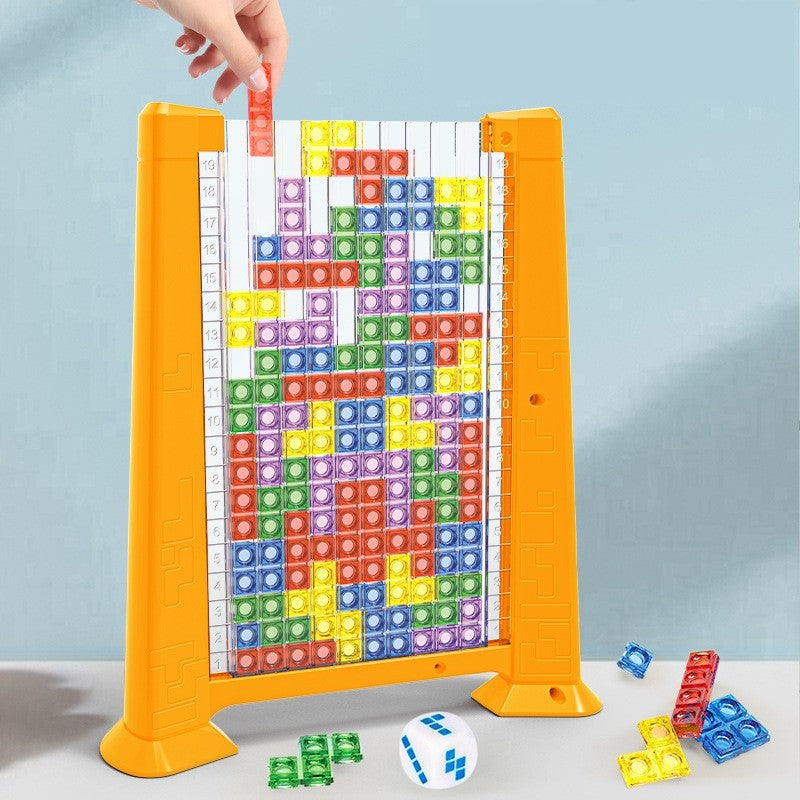 Joc de inteligenta Tetris puzzle tangram Flippy, 70 de piese multicolore, 3D, montessori, interactiv, din plastic, zar inclus, sac depozitare piese, varsta peste 6 ani, 23 x 19.8 x 5 cm, cadru galben-3