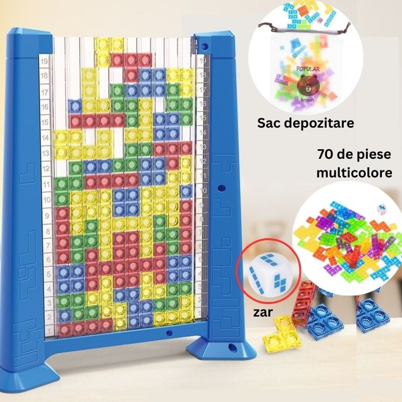 Joc de inteligenta Tetris puzzle tangram Flippy, 70 de piese multicolore, 3D, montessori, interactiv, din plastic, zar inclus, sac depozitare piese, varsta peste 6 ani, 23 x 19.8 x 5 cm, cadru albastru-1