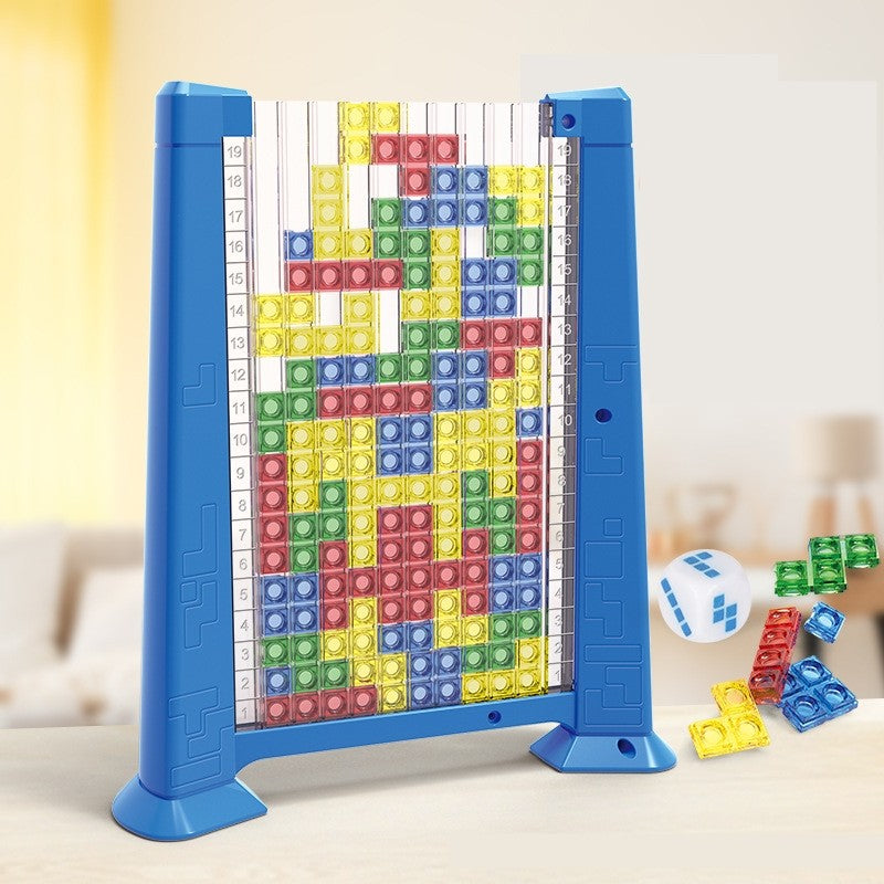 Joc de inteligenta Tetris puzzle tangram Flippy, 70 de piese multicolore, 3D, montessori, interactiv, din plastic, zar inclus, sac depozitare piese, varsta peste 6 ani, 23 x 19.8 x 5 cm, cadru albastru-2