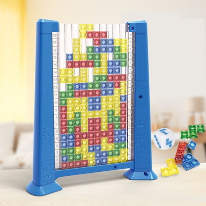 Joc de inteligenta Tetris puzzle tangram Flippy, 70 de piese multicolore, 3D, montessori, interactiv, din plastic, zar inclus, sac depozitare piese, varsta peste 6 ani, 23 x 19.8 x 5 cm, cadru albastru-2