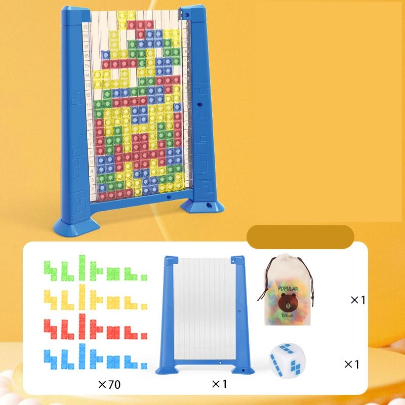 Joc de inteligenta Tetris puzzle tangram Flippy, 70 de piese multicolore, 3D, montessori, interactiv, din plastic, zar inclus, sac depozitare piese, varsta peste 6 ani, 23 x 19.8 x 5 cm, cadru albastru-3