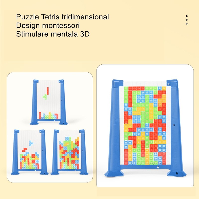 Joc de inteligenta Tetris puzzle tangram Flippy, 70 de piese multicolore, 3D, montessori, interactiv, din plastic, zar inclus, sac depozitare piese, varsta peste 6 ani, 23 x 19.8 x 5 cm, cadru albastru-5