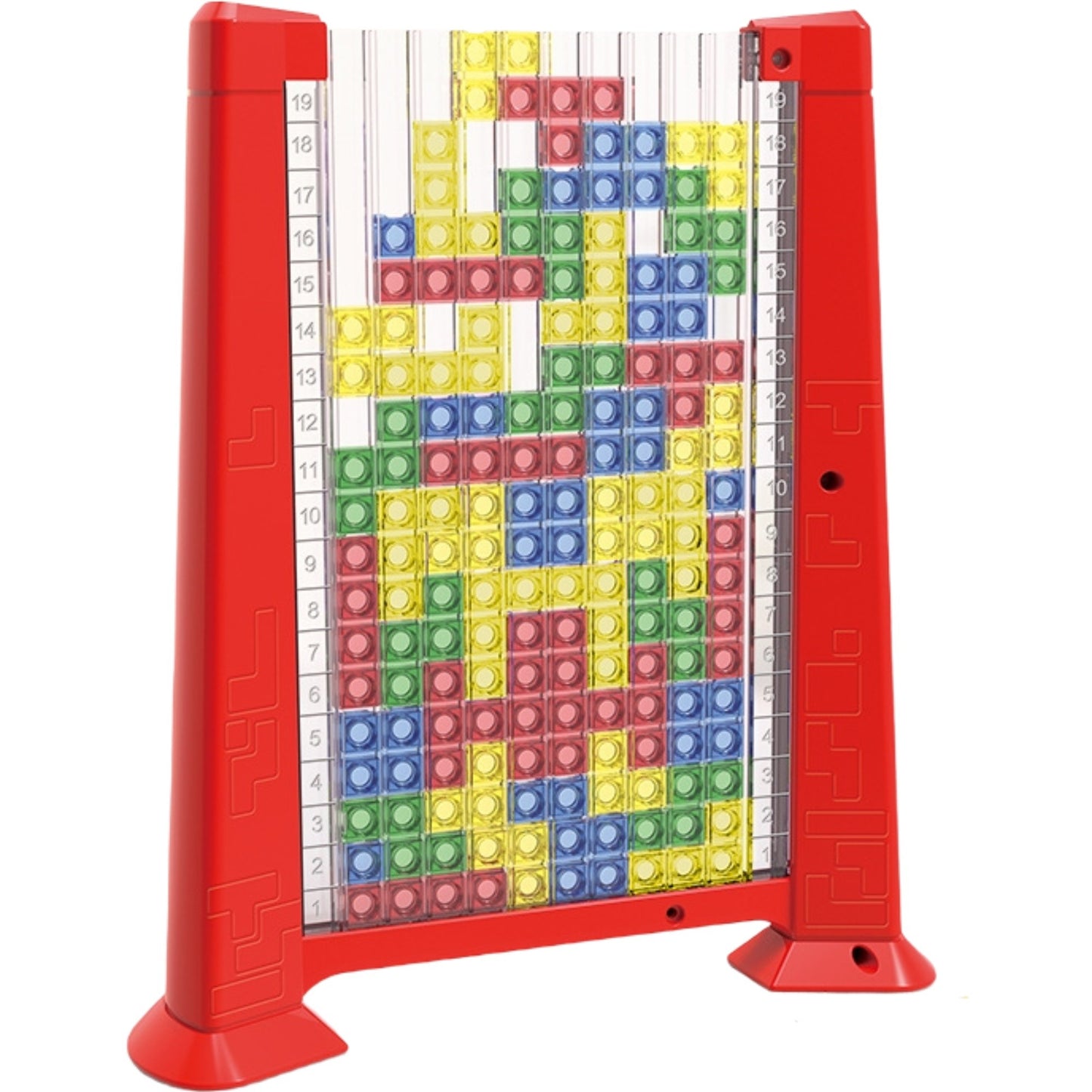 Joc de inteligenta Tetris puzzle tangram Flippy, 70 de piese multicolore, 3D, montessori, interactiv, din plastic, zar inclus, sac depozitare piese, varsta peste 6 ani, 23 x 19.8 x 5 cm, cadru rosu-0