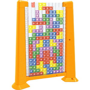 Joc de inteligenta Tetris puzzle tangram Flippy, 70 de piese multicolore, 3D, montessori, interactiv, din plastic, zar inclus, sac depozitare piese, varsta peste 6 ani, 23 x 19.8 x 5 cm, cadru galben-0
