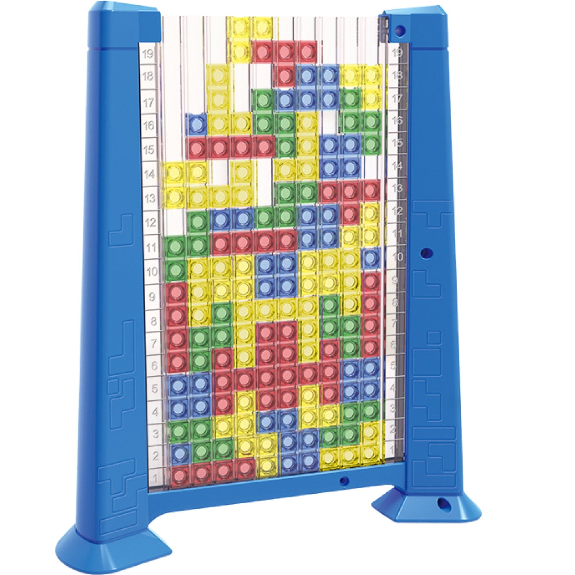 Joc de inteligenta Tetris puzzle tangram Flippy, 70 de piese multicolore, 3D, montessori, interactiv, din plastic, zar inclus, sac depozitare piese, varsta peste 6 ani, 23 x 19.8 x 5 cm, cadru albastru-0