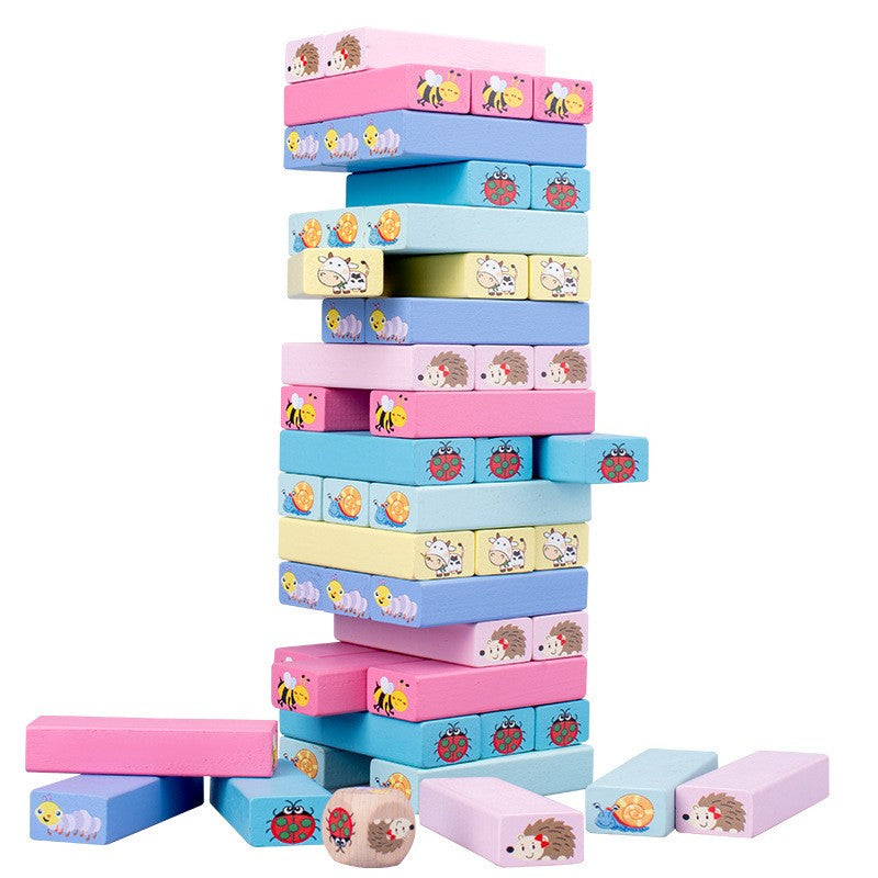 Joc de Societate, Flippy, pentru Copii, din Lemn, Interactiv, Distractiv, Jenga Stack High Blocks, cu Zar, 51 de Piese Animate, 24.5x18x5 cm, Multicolor-0