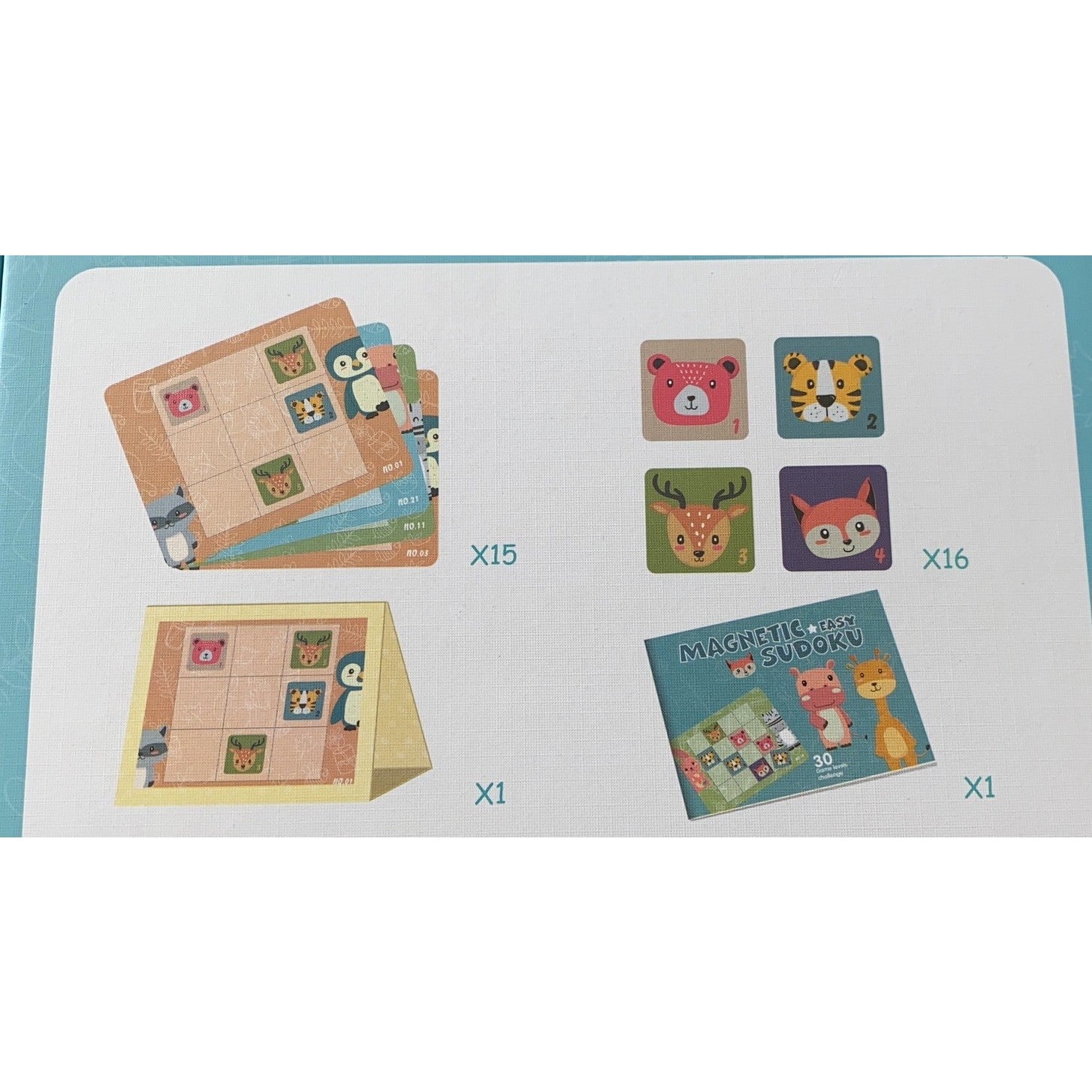 Joc educativ Sudoku cu tablita magnetica, 32 de piese, cartonase cu animale, Verde-5