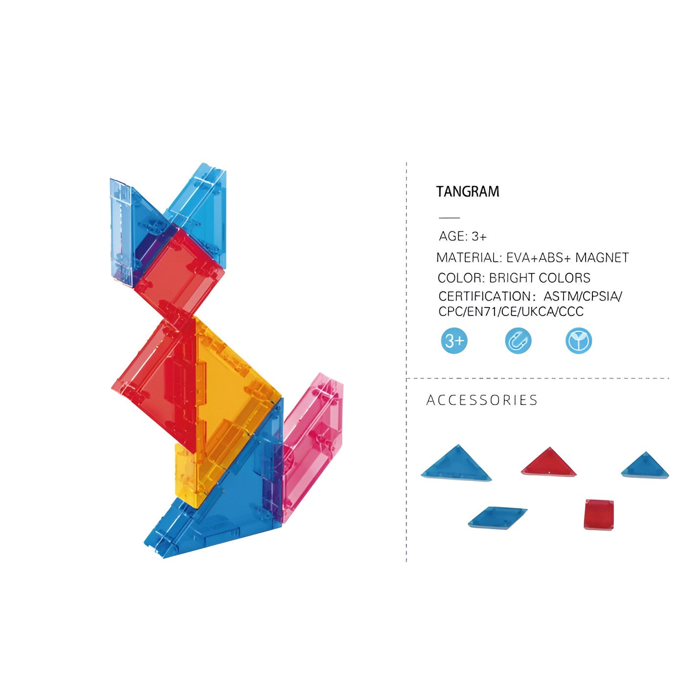 Joc Magnetic Tangram, Flippy, 7 Piese Magnetice, Forme Geometrice, 3 Ani, EVA, ABS, Magnet, 10.5 x 10.5 x 2.2 cm, Multicolor-1