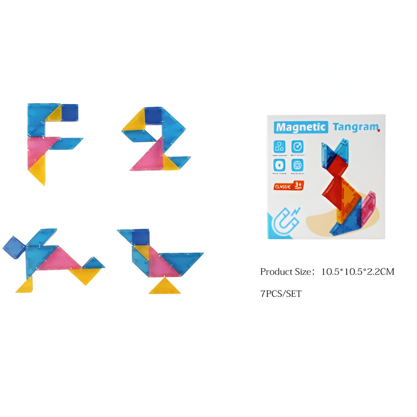 Joc Magnetic Tangram, Flippy, 7 Piese Magnetice, Forme Geometrice, 3 Ani, EVA, ABS, Magnet, 10.5 x 10.5 x 2.2 cm, Multicolor-2