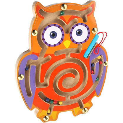 Joc Montessori cu Bile, Flippy, Creion Magnetic, Tip Labirint, din Lemn, Model Bufnita, 18.5x17.5 cm, Portocaliu-Mov-5
