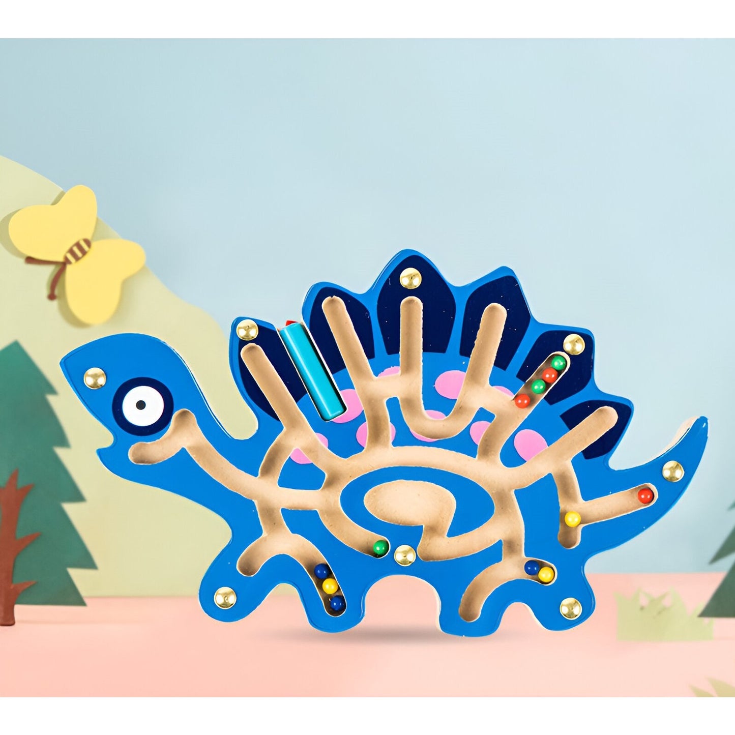 Joc Montessori cu Bile, Flippy, Creion Magnetic, Tip Labirint, din Lemn, Model Stegozaur, 25x15.5 cm, Albastru-2