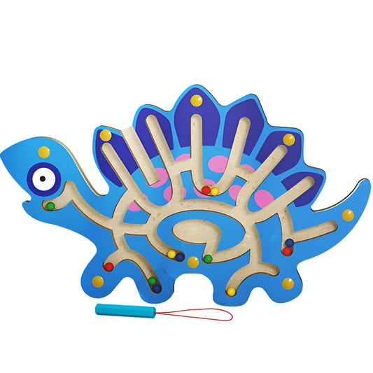 Joc Montessori cu Bile, Flippy, Creion Magnetic, Tip Labirint, din Lemn, Model Stegozaur, 25x15.5 cm, Albastru-0