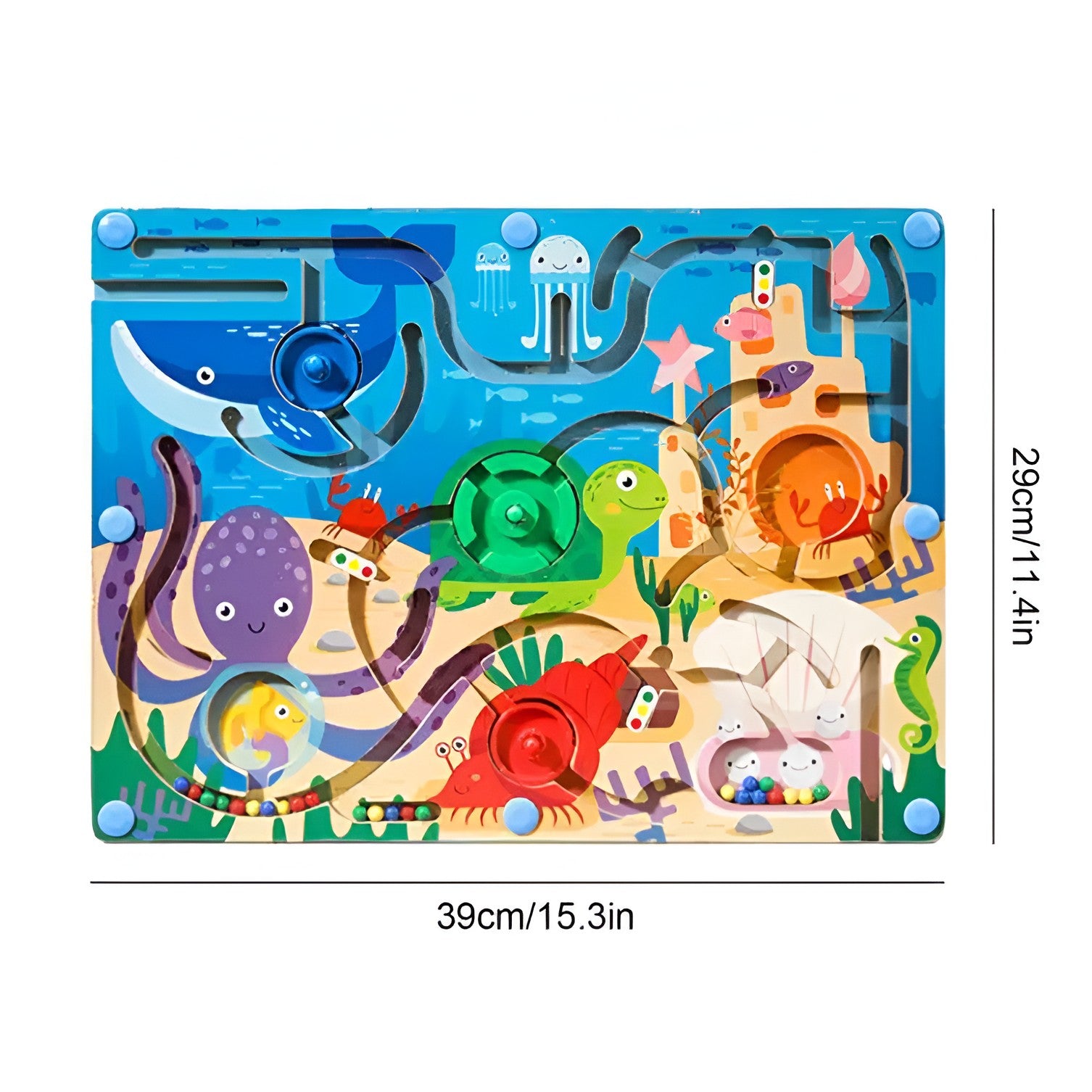 Joc Montessori de Sortare Culori, Flippy, Creion Magnetic, Tip Labirint Ilustrat, din Lemn, Model Animale Marine, 39x29x1.5 cm-2