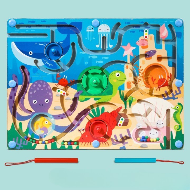 Joc Montessori de Sortare Culori, Flippy, Creion Magnetic, Tip Labirint Ilustrat, din Lemn, Model Animale Marine, 39x29x1.5 cm-3