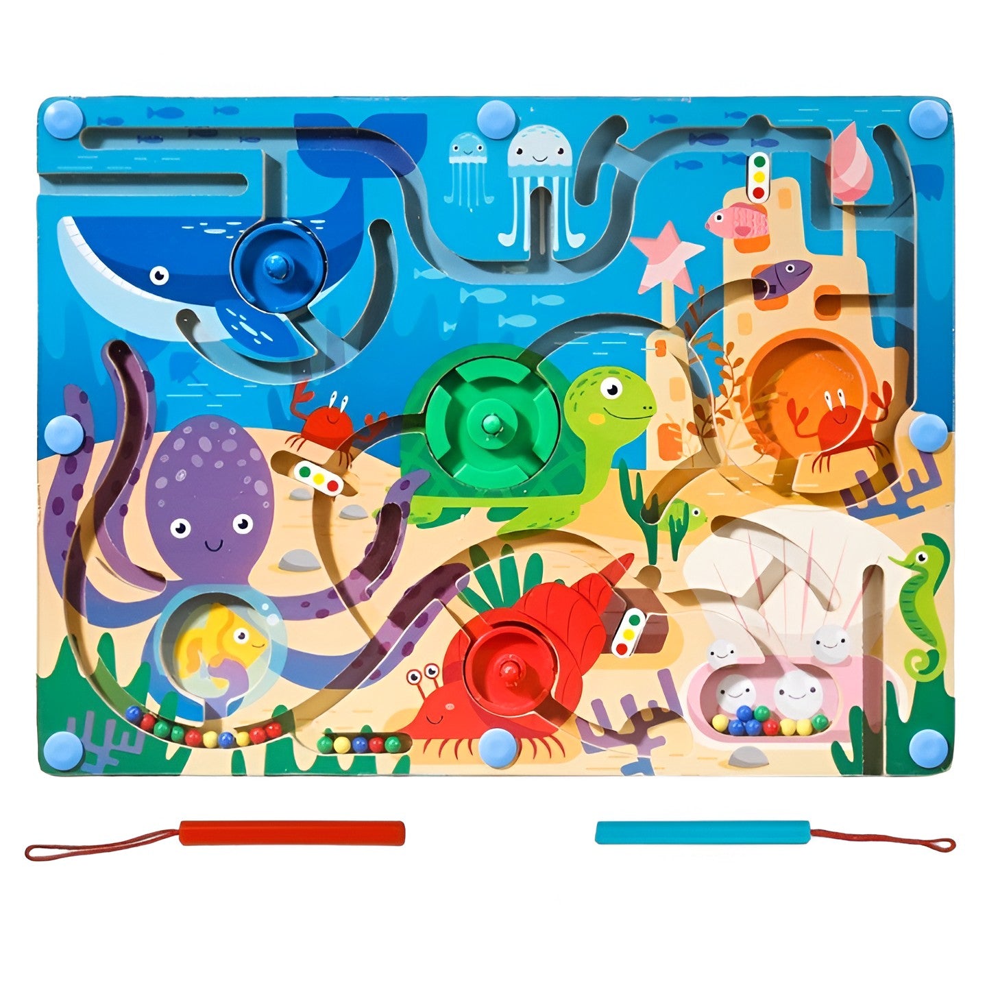 Joc Montessori de Sortare Culori, Flippy, Creion Magnetic, Tip Labirint Ilustrat, din Lemn, Model Animale Marine, 39x29x1.5 cm-0