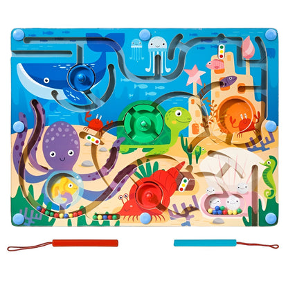 Joc Montessori de Sortare Culori, Flippy, Creion Magnetic, Tip Labirint Ilustrat, din Lemn, Model Animale Marine, 39x29x1.5 cm-0