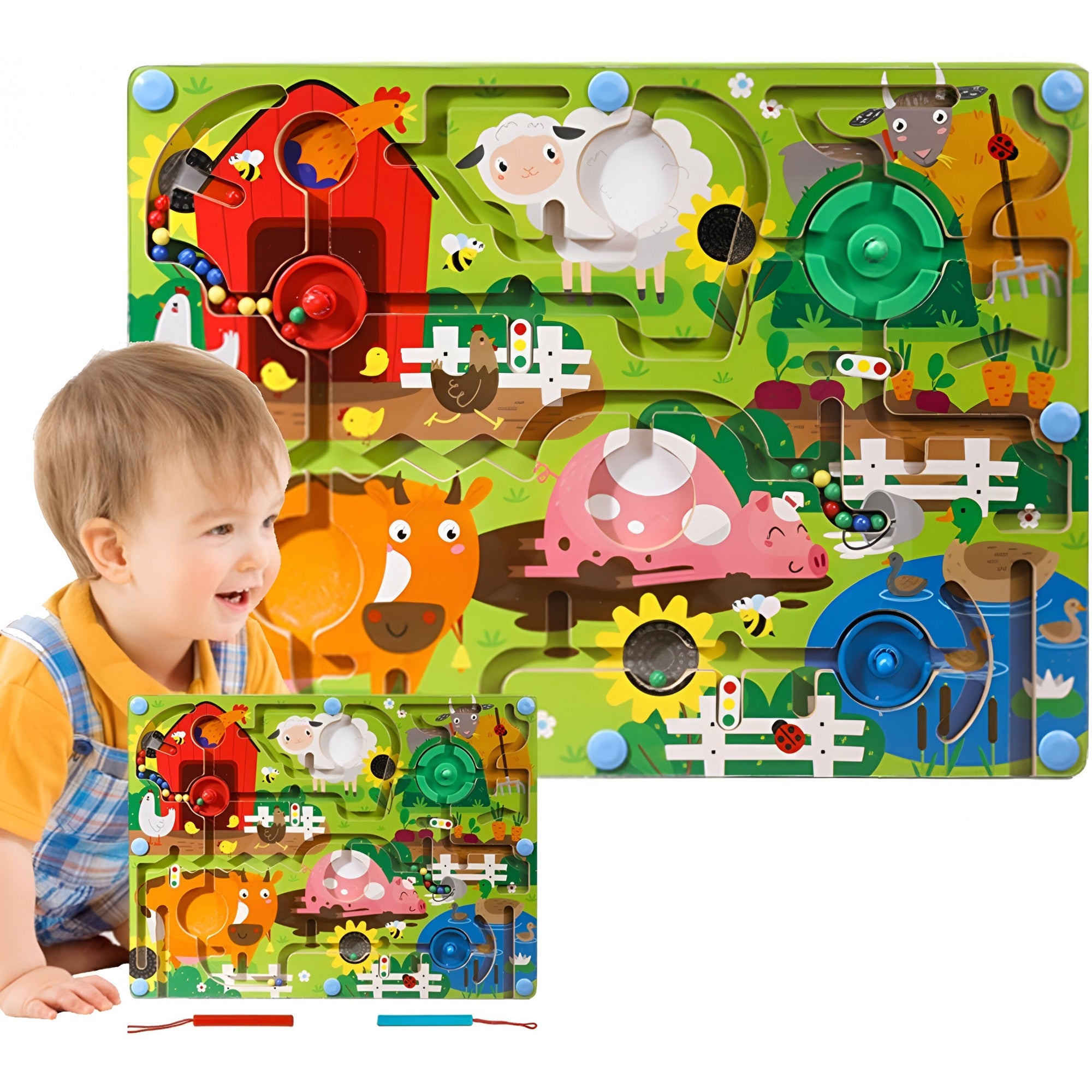 Joc Montessori de Sortare Culori, Flippy, Creion Magnetic, Tip Labirint Ilustrat, din Lemn, Model Ferma, 39x29x1.5 cm-3