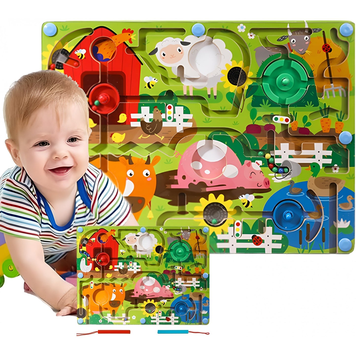 Joc Montessori de Sortare Culori, Flippy, Creion Magnetic, Tip Labirint Ilustrat, din Lemn, Model Ferma, 39x29x1.5 cm-8