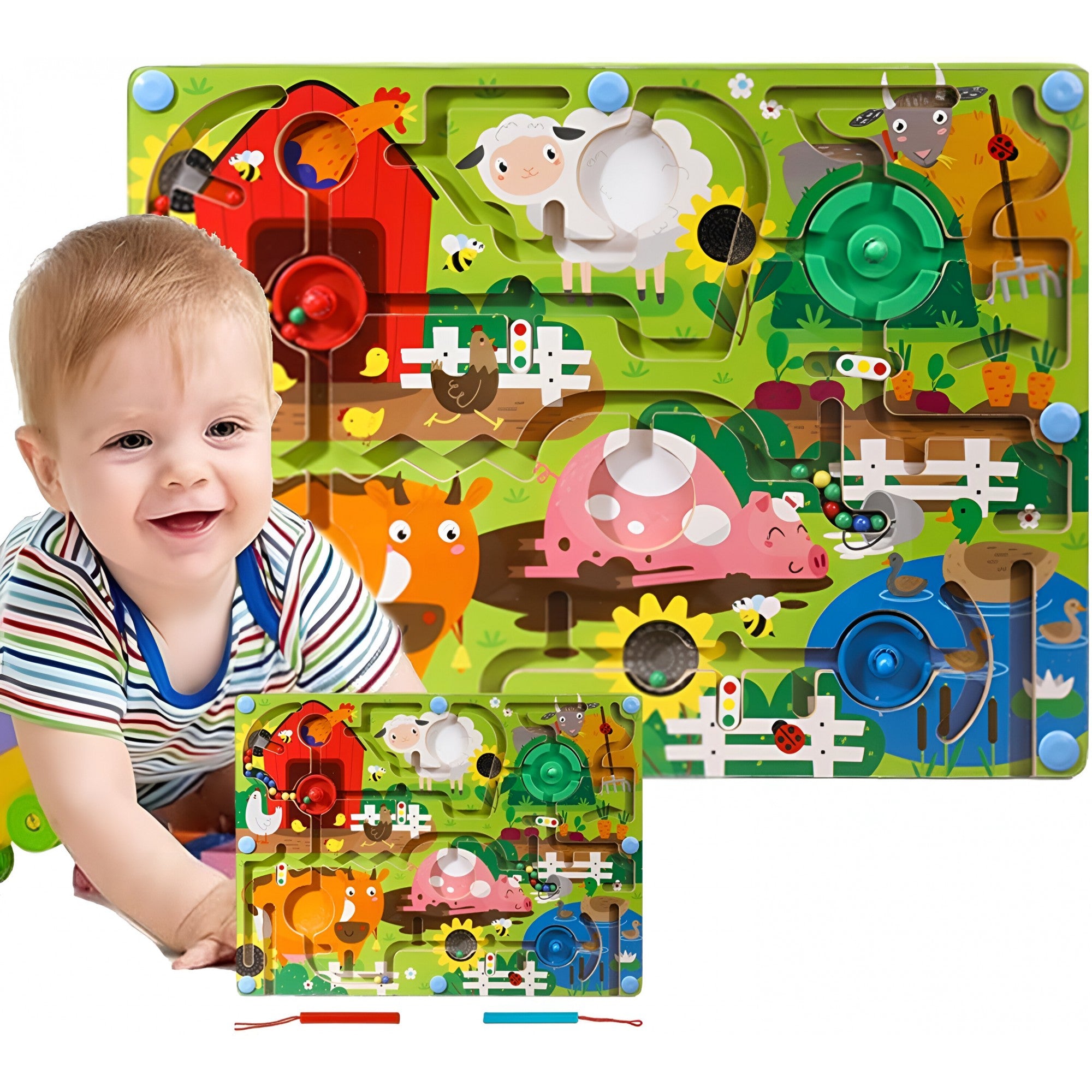 Joc Montessori de Sortare Culori, Flippy, Creion Magnetic, Tip Labirint Ilustrat, din Lemn, Model Ferma, 39x29x1.5 cm-8