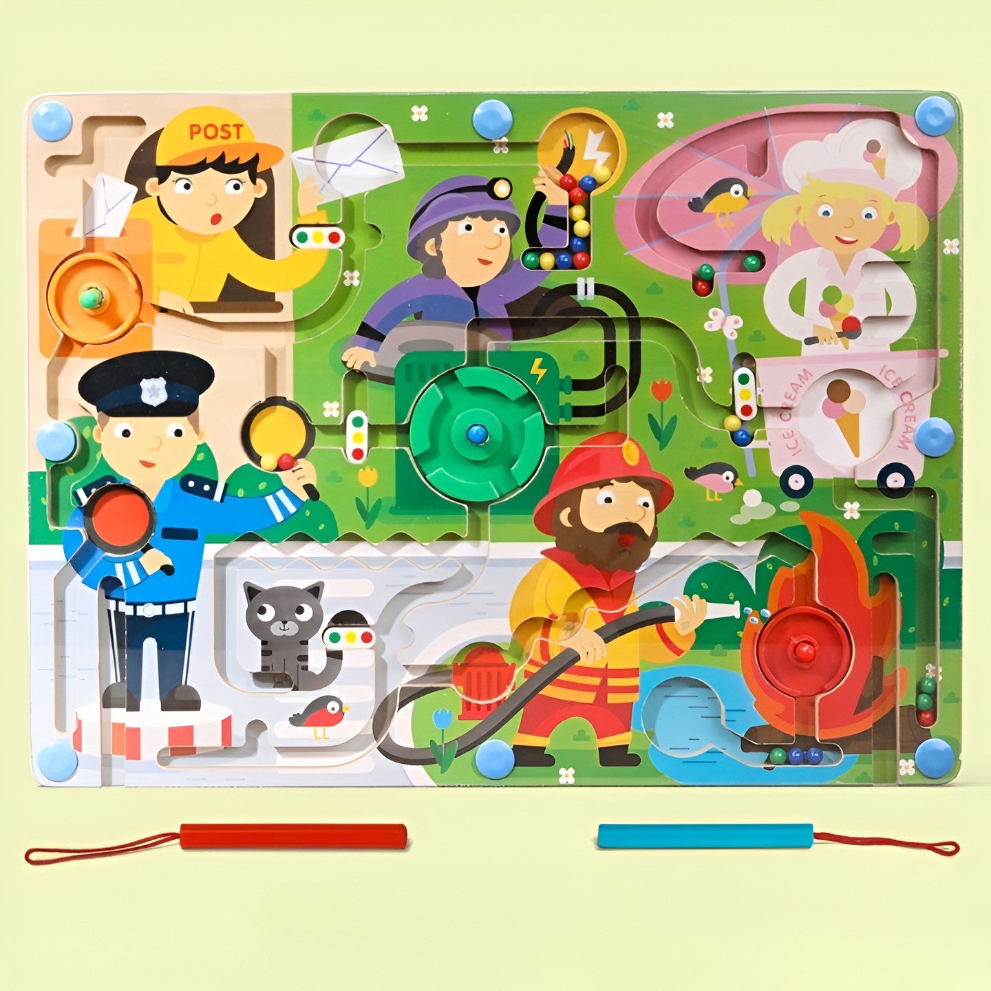 Joc Montessori de Sortare Culori, Flippy, Creion Magnetic, Tip Labirint Ilustrat, din Lemn, Model Meserii, 39x29x1.5 cm-2