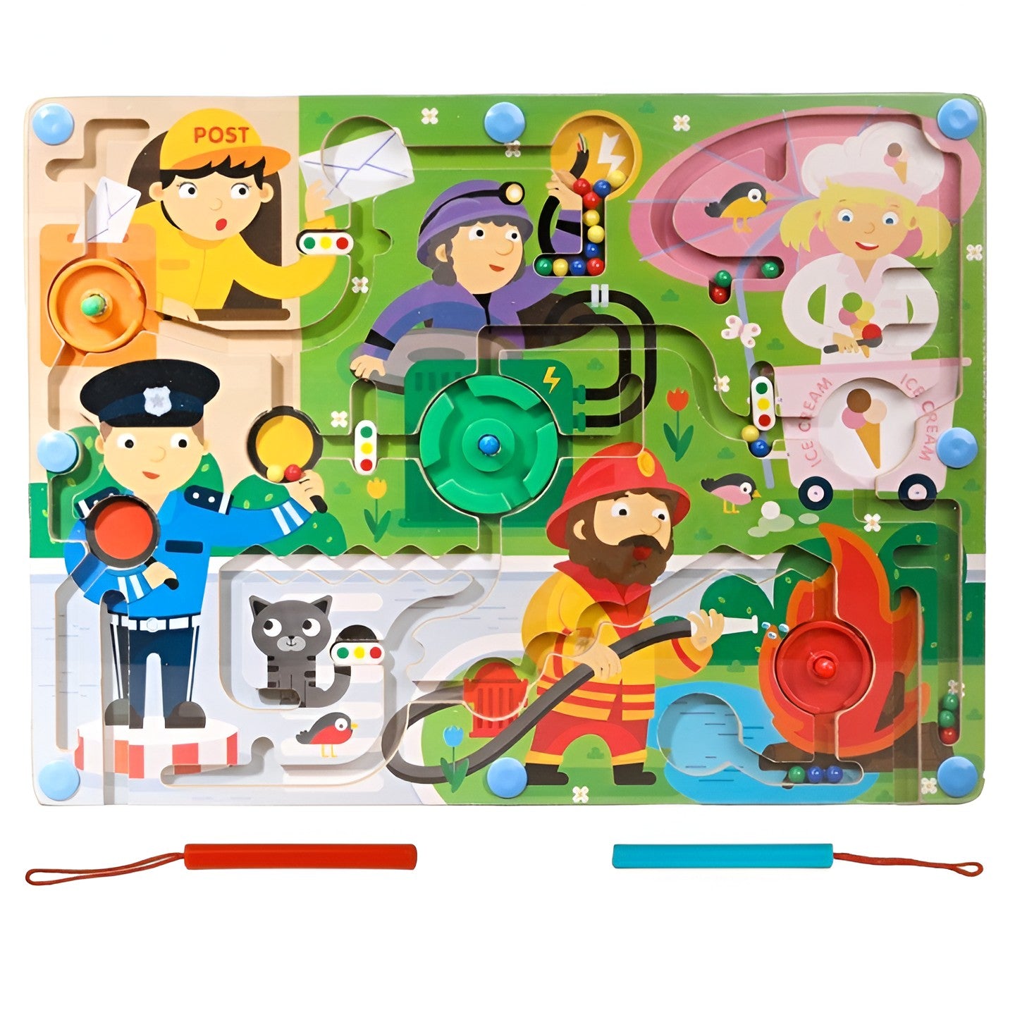 Joc Montessori de Sortare Culori, Flippy, Creion Magnetic, Tip Labirint Ilustrat, din Lemn, Model Meserii, 39x29x1.5 cm-0