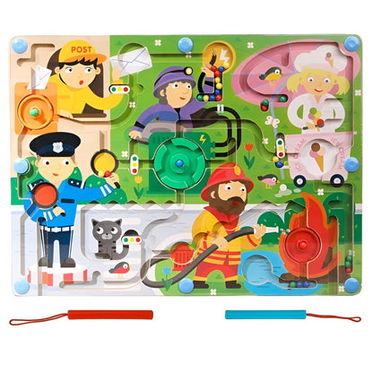 Joc Montessori de Sortare Culori, Flippy, Creion Magnetic, Tip Labirint Ilustrat, din Lemn, Model Meserii, 39x29x1.5 cm-0