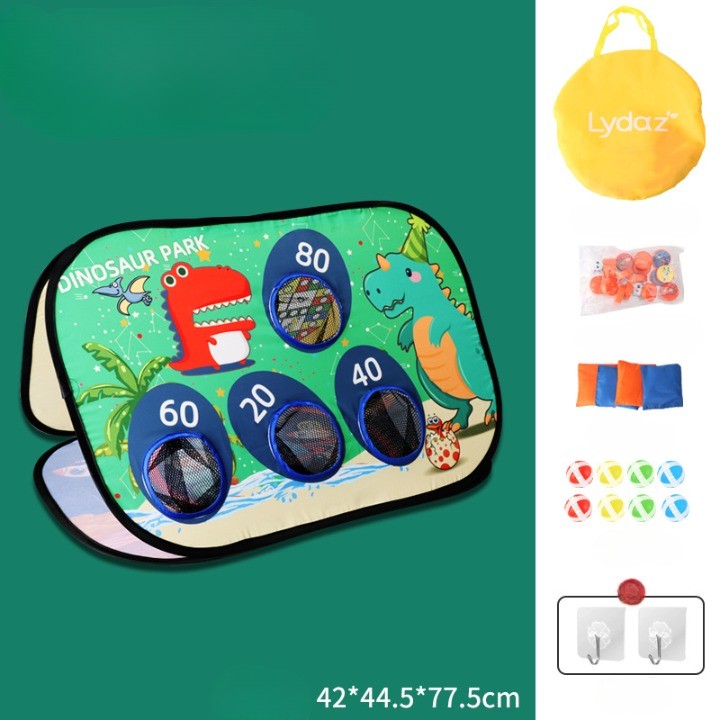 Joc pentru Copii, Flippy, Aruncarea Sacilor cu Nisip, Sageti, 8 Mingi, 4 Saci, Geanta Portabila, Interactiv, Model Dinozauri, 77.5x44.5x42 cm, Multicolor-6