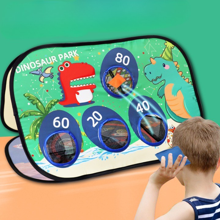 Joc pentru Copii, Flippy, Aruncarea Sacilor cu Nisip, Sageti, 8 Mingi, 4 Saci, Geanta Portabila, Interactiv, Model Dinozauri, 77.5x44.5x42 cm, Multicolor-7