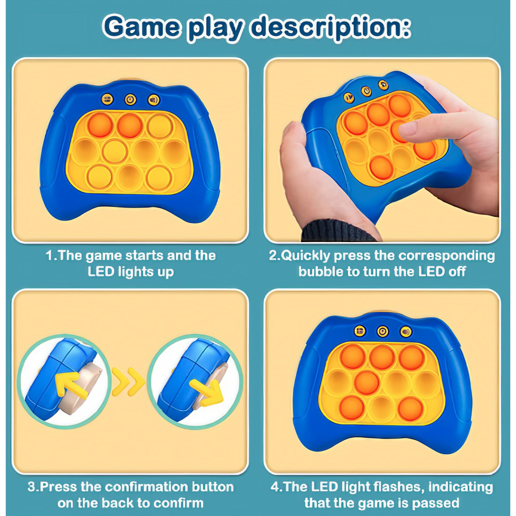 Joc Pop It, Flippy, consola, joc interactiv, antistres, cu baterii, Abs si silicon, Albastru, 12 x 10 x 5.8 cm-3