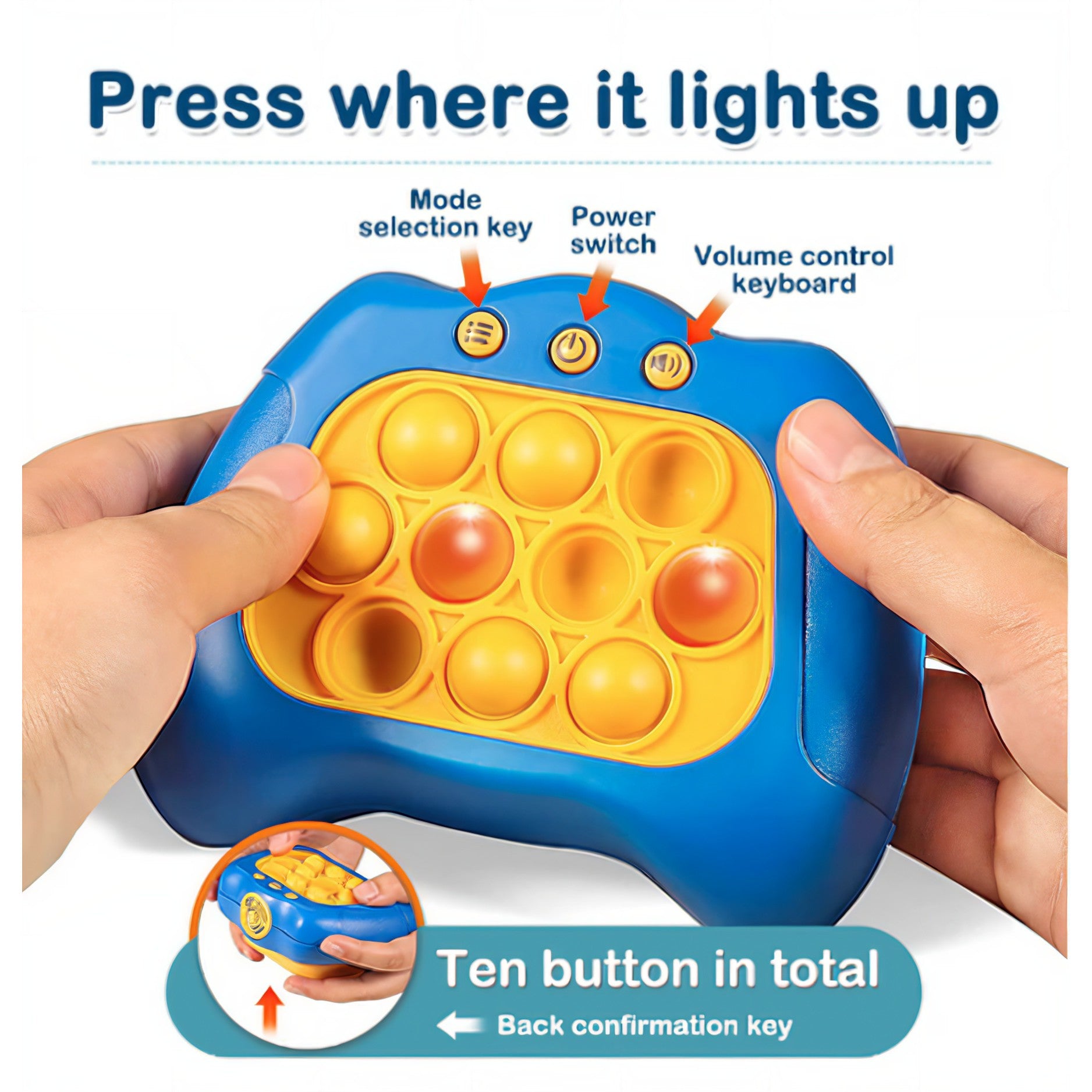 Joc Pop It, Flippy, consola, joc interactiv, antistres, cu baterii, Abs si silicon, Albastru, 12 x 10 x 5.8 cm-5