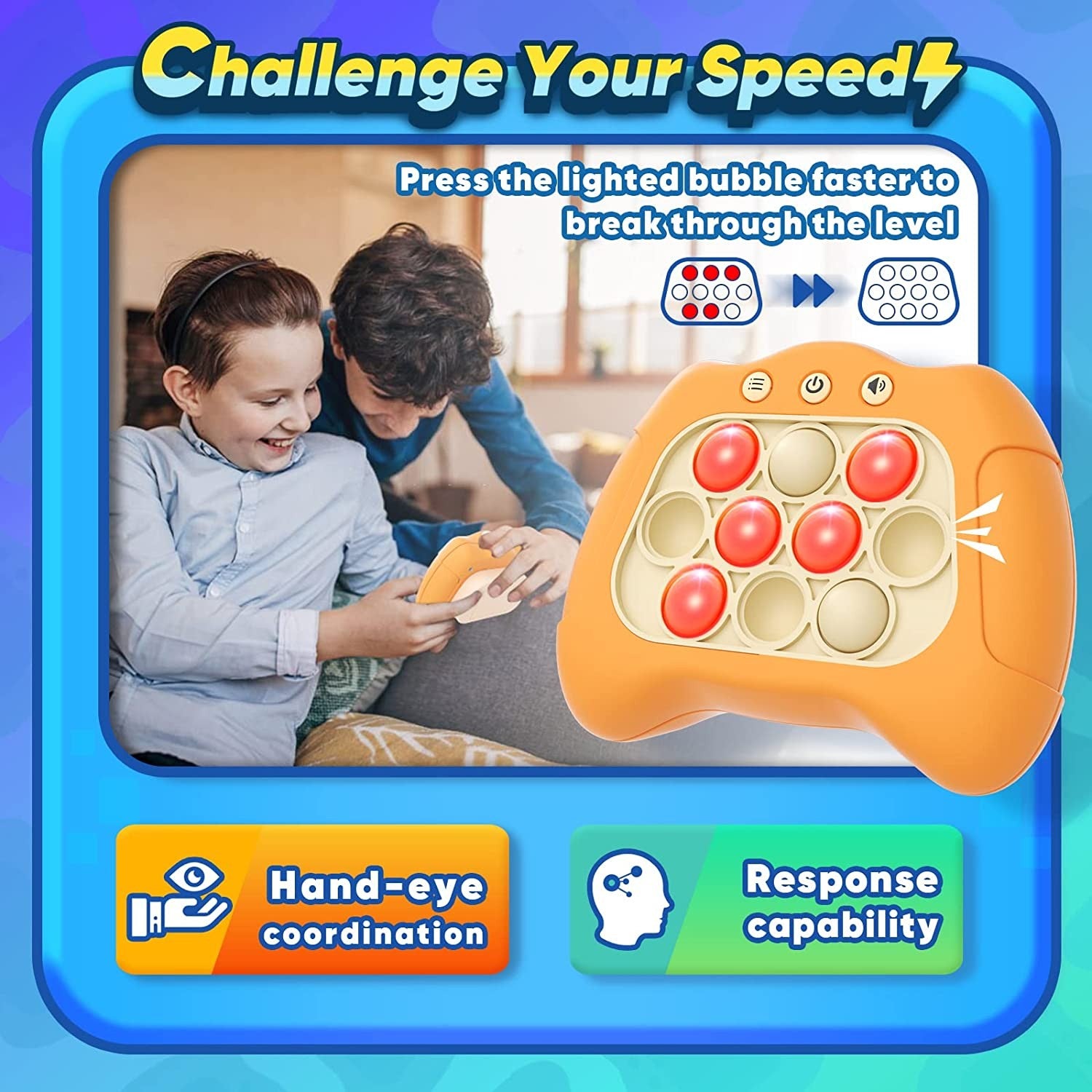 Joc Pop It, Flippy, consola, joc interactiv, antistres, cu baterii, Abs si silicon, Portocaliu, 12 x 10 x 5.8 cm-4