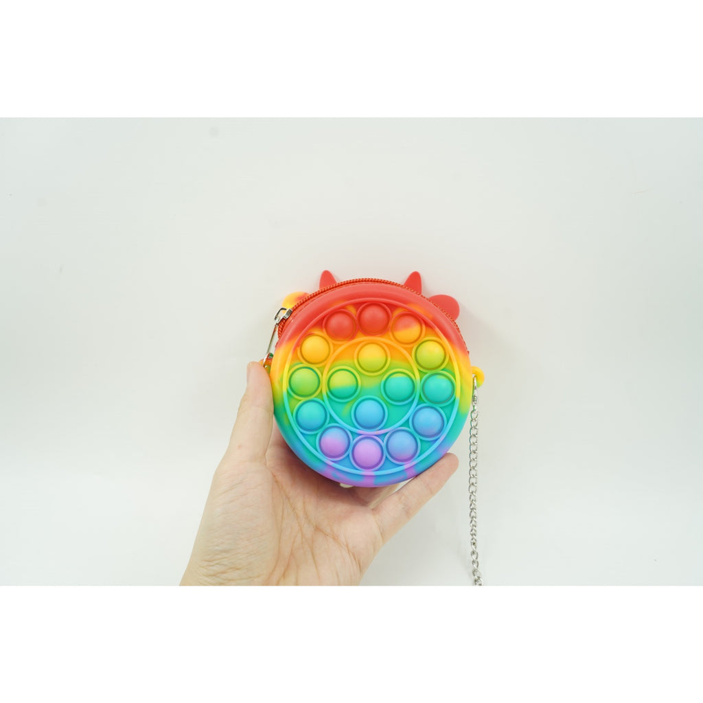 Jucarie antistres din silicon Flippy, Pop it Now and Flip It ,Mini Geanta, Vacuta, 6 cm, Curcubeu-1