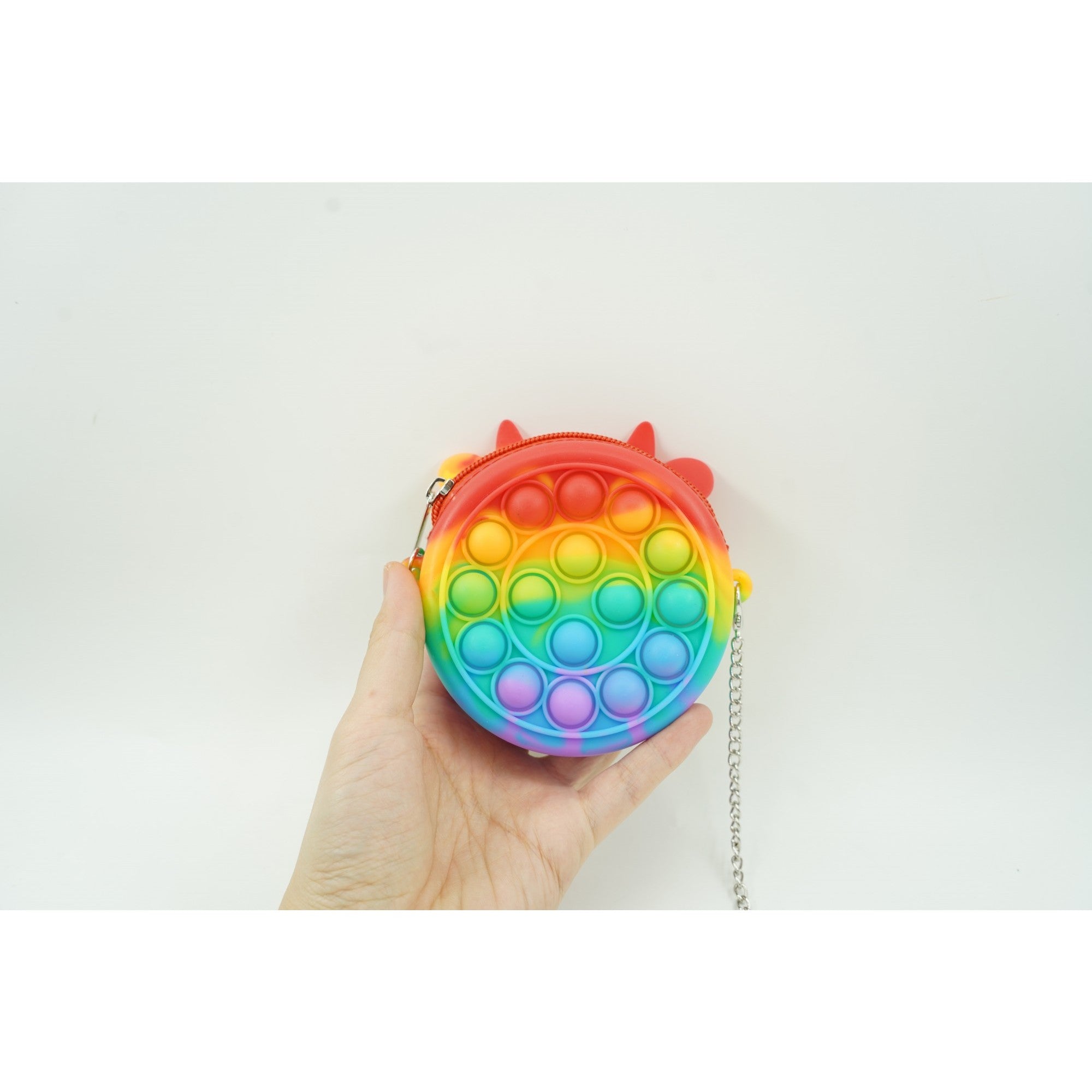 Jucarie antistres din silicon Flippy, Pop it Now and Flip It ,Mini Geanta, Vacuta, 6 cm, Curcubeu-1