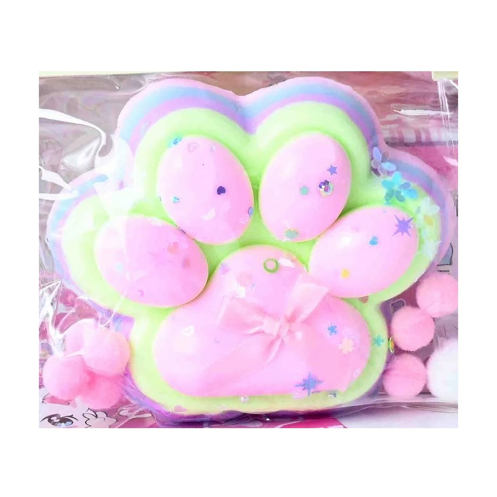 Jucarie Antistres Squishy, Flippy, cu Revenire Lenta, Model Labuta de Pisica YY1005, 220g, 12.5 x 10.5 cm, Squeeze Pinch Family, Ambalaj Transparent, Roz-Curcubeu-0