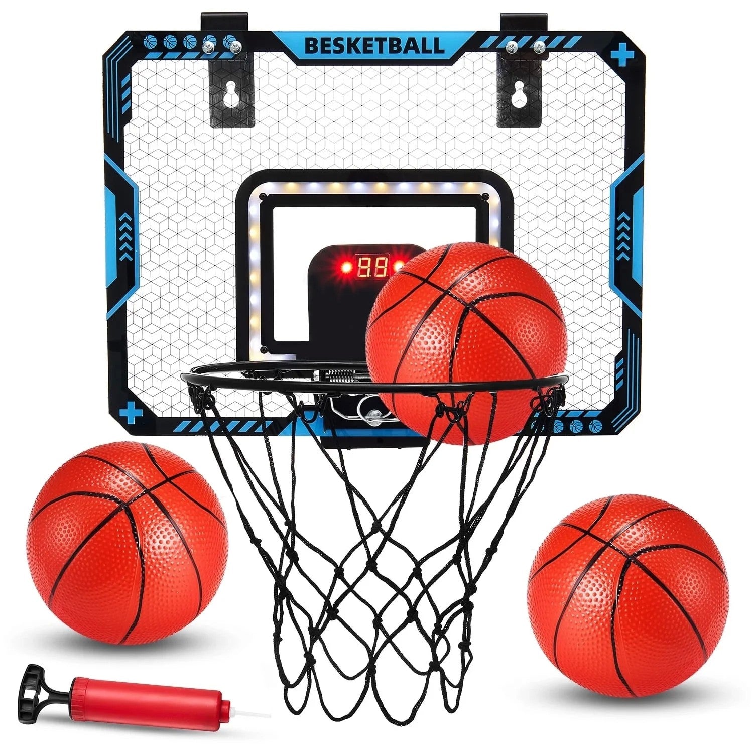 Cos de Baschet pentru Copii, Flippy, cu Tablou de Bord Electronic, Minge, Pompa, 2 Moduri, Interior/Exterior, Inel Metalic si Rabatabil cu Arc, Luminos, 41x31x5 cm, Multicolor-4