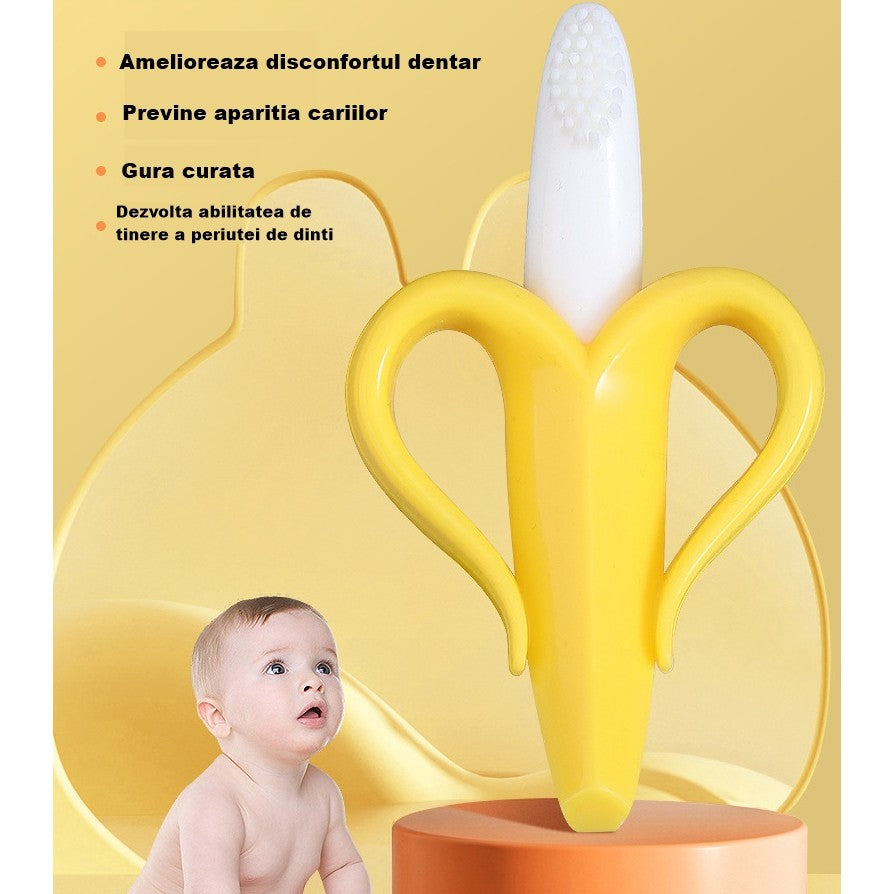 Jucarie dentitie bebelusi Flippy, banana, cu manere de prindere, material silicon non-toxic, fara miros, 10.5x5.9 cm, galben-2