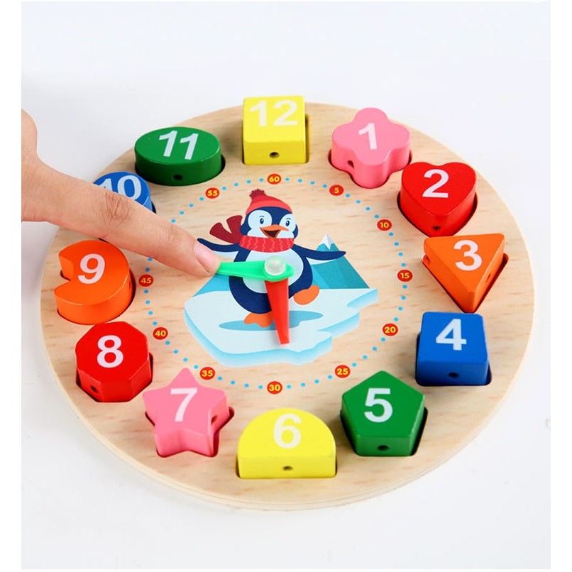 Jucarie Educativa Flippy, Tip Montessori, Model Ceas Pinguin, din Lemn, + 36 Luni, 12 Piese, 17.2 cm, Multicolor-4
