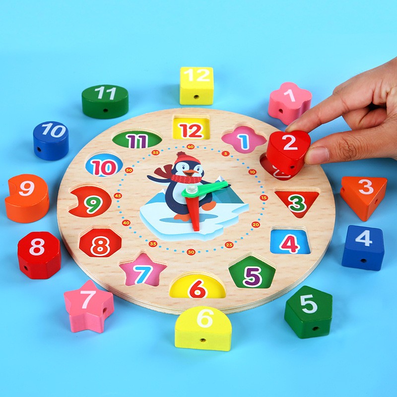 Jucarie Educativa Flippy, Tip Montessori, Model Ceas Pinguin, din Lemn, + 36 Luni, 12 Piese, 17.2 cm, Multicolor-8