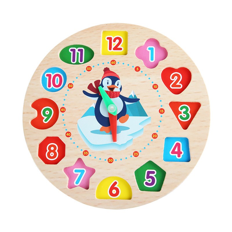 Jucarie Educativa Flippy, Tip Montessori, Model Ceas Pinguin, din Lemn, + 36 Luni, 12 Piese, 17.2 cm, Multicolor-0