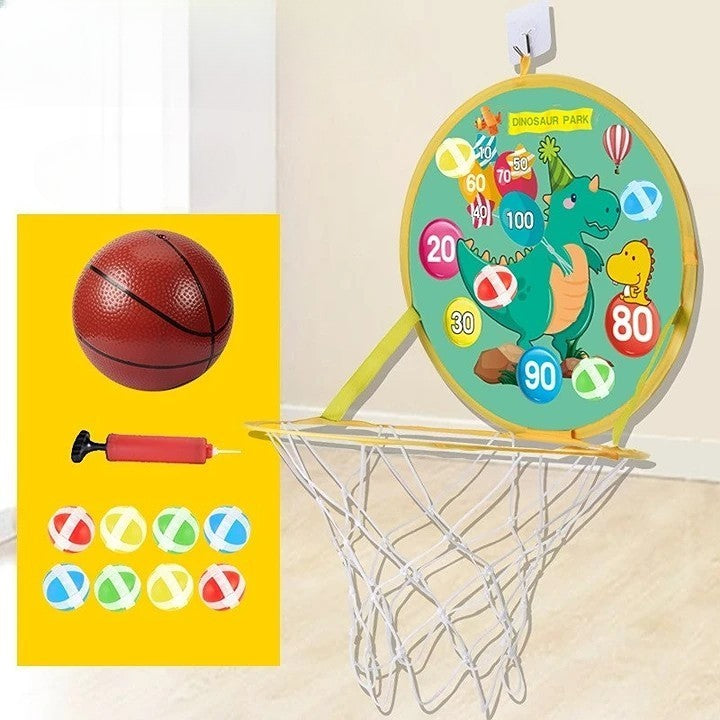 Jucarie Interactiva, Flippy, 2 in 1, Cos de Basket si Tinta de Darts, Minge 16 cm, Pompa, 8 Mingii cu Scai, Model Dragon, Multicolor-2