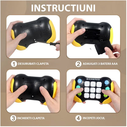 Jucarie Interactiva Flippy, Tip Consola Pop It, 6 butoane functionale, 5 Moduri de Joc, 600 Niveluri, + 3 ani, Galben/Negru-7