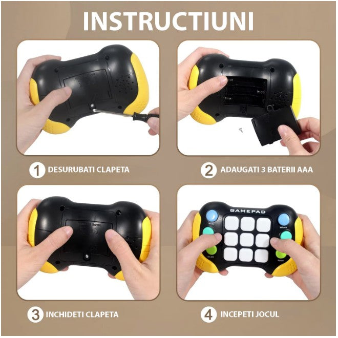 Jucarie Interactiva Flippy, Tip Consola Pop It, 6 butoane functionale, 5 Moduri de Joc, 600 Niveluri, + 3 ani, Galben/Negru-7