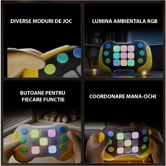 Jucarie Interactiva Flippy, Tip Consola Pop It, 6 butoane functionale, 5 Moduri de Joc, 600 Niveluri, + 3 ani, Galben/Negru-9