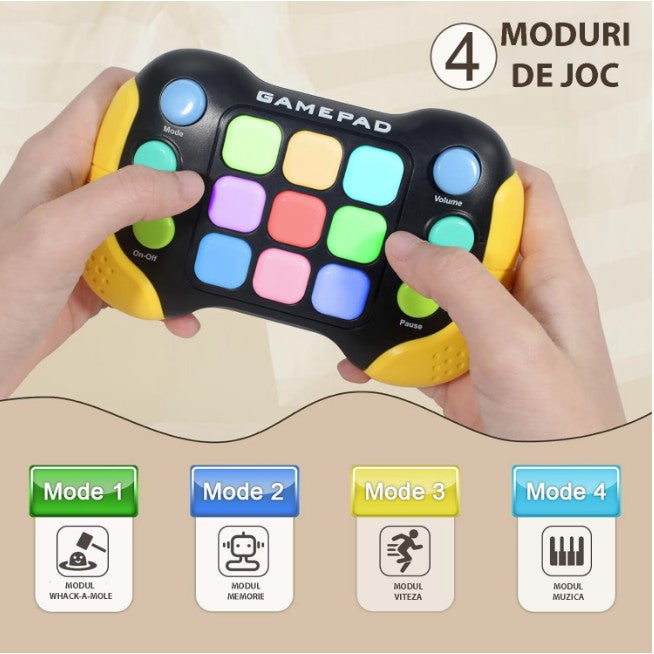 Jucarie Interactiva Flippy, Tip Consola Pop It, 6 butoane functionale, 5 Moduri de Joc, 600 Niveluri, + 3 ani, Galben/Negru-10