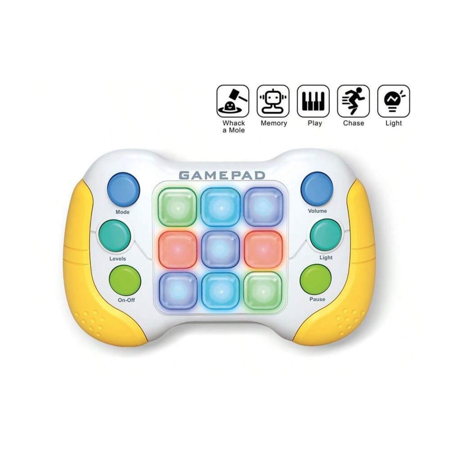 Jucarie Interactiva Flippy, Tip Consola Pop It, 6 butoane functionale, 5 Moduri de Joc, 600 Niveluri, + 3 ani, Galben/Gri-1
