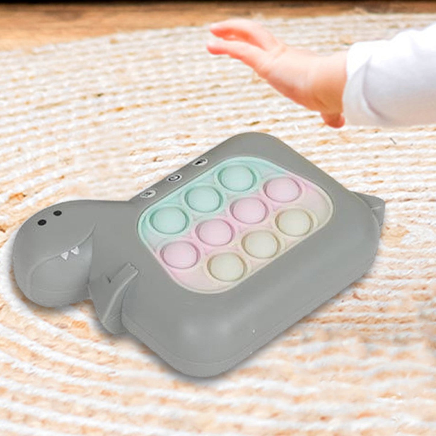 Jucarie Interactiva Pop It Whack A Mole, Flippy, Tip Consola, Anti-Stres, 4 Moduri de Joc, din ABS si Silicon, +3 Ani, Model Dinozaur, Gri-4