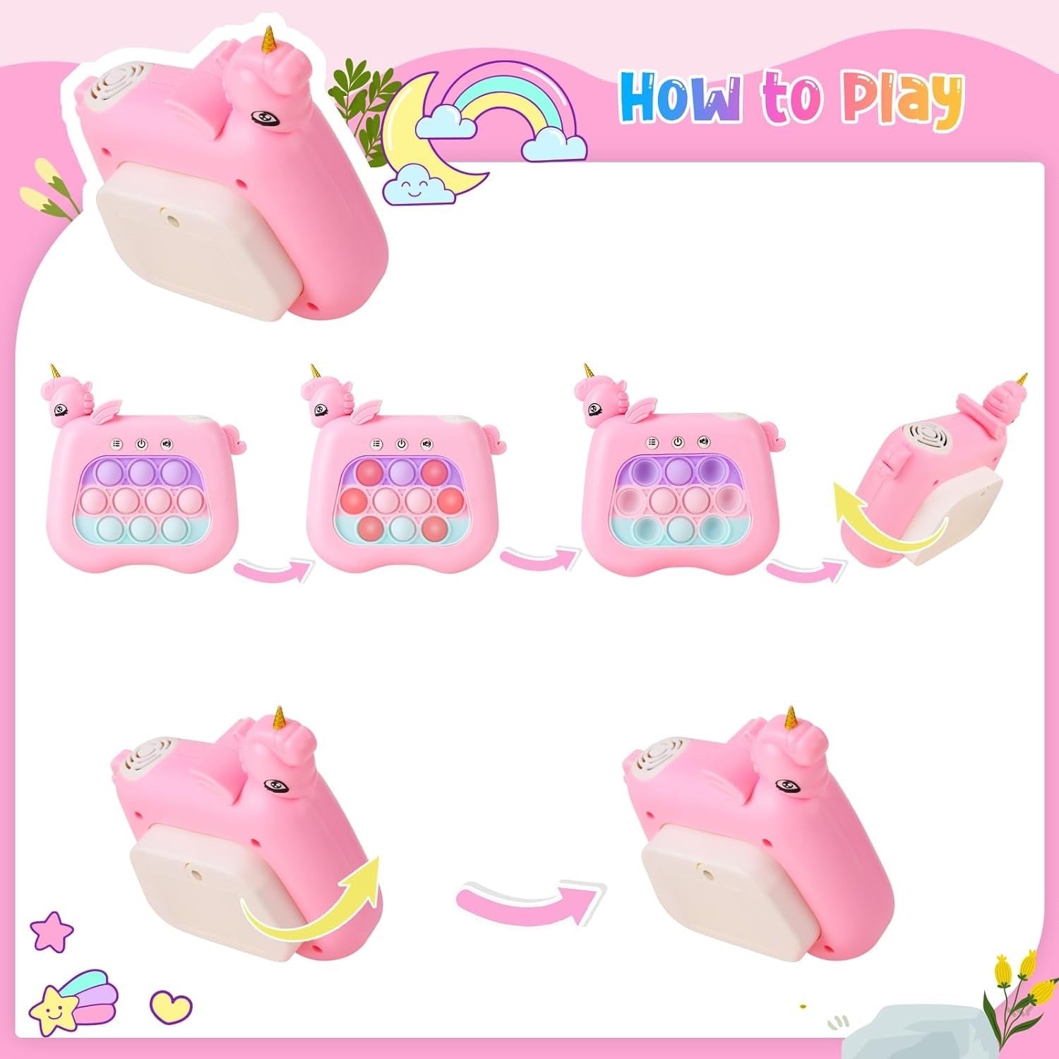 Jucarie Interactiva Pop It Whack A Mole, Flippy, Tip Consola, Anti-Stres, 4 Moduri de Joc, din ABS si Silicon, +3 Ani, Model Unicorn, Roz-2