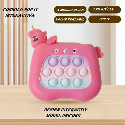 Jucarie Interactiva Tip Consola pentru Copii, Flippy, Diferite Moduri de Joc, 120 Nivele, Material ABS/silicon, Sunete si Lumini, 13.5 x 5.5 x 12.5 cm, Model Unicorn, Fucsia-4