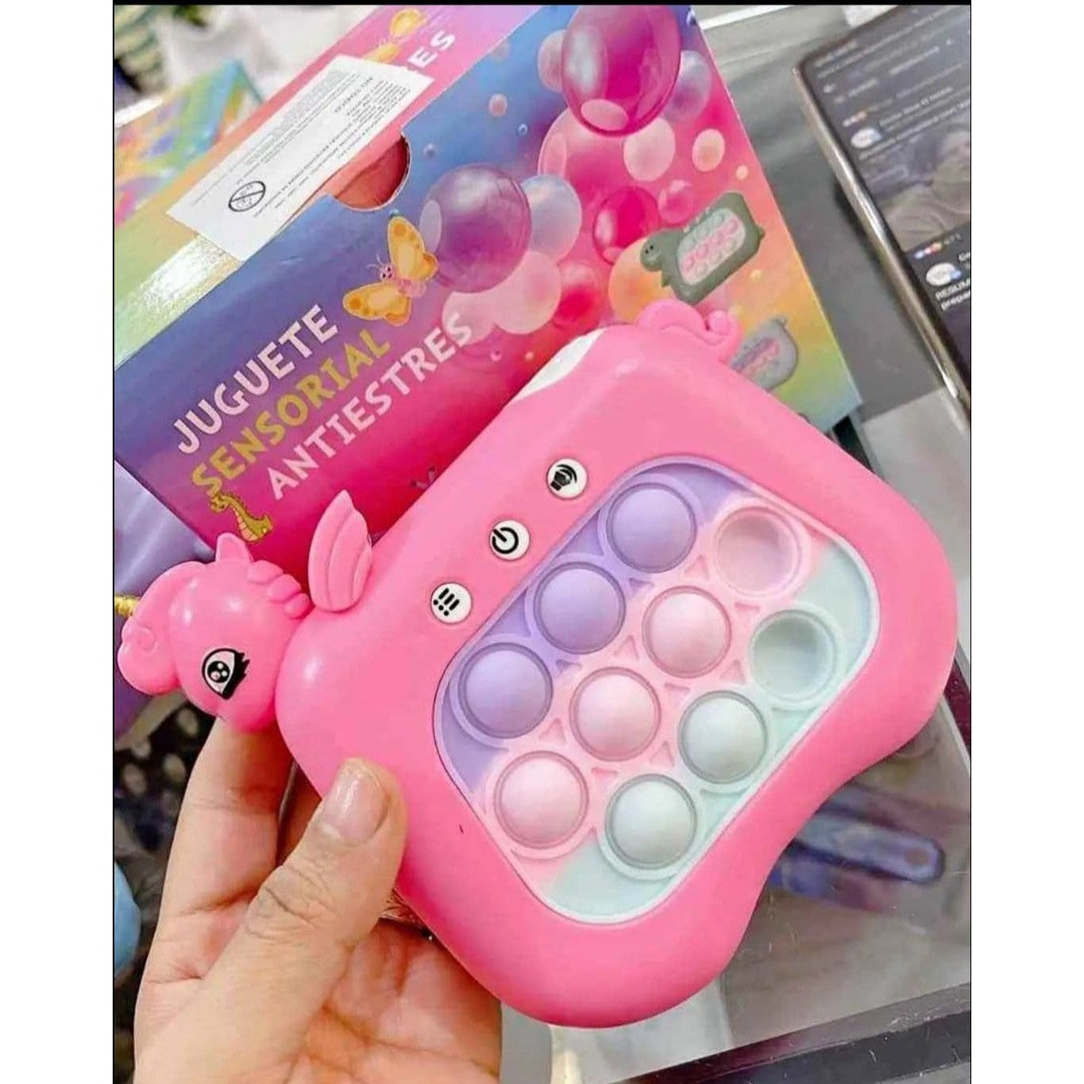 Jucarie Interactiva Tip Consola pentru Copii, Flippy, Diferite Moduri de Joc, 120 Nivele, Material ABS/silicon, Sunete si Lumini, 13.5 x 5.5 x 12.5 cm, Model Unicorn, Fucsia-1